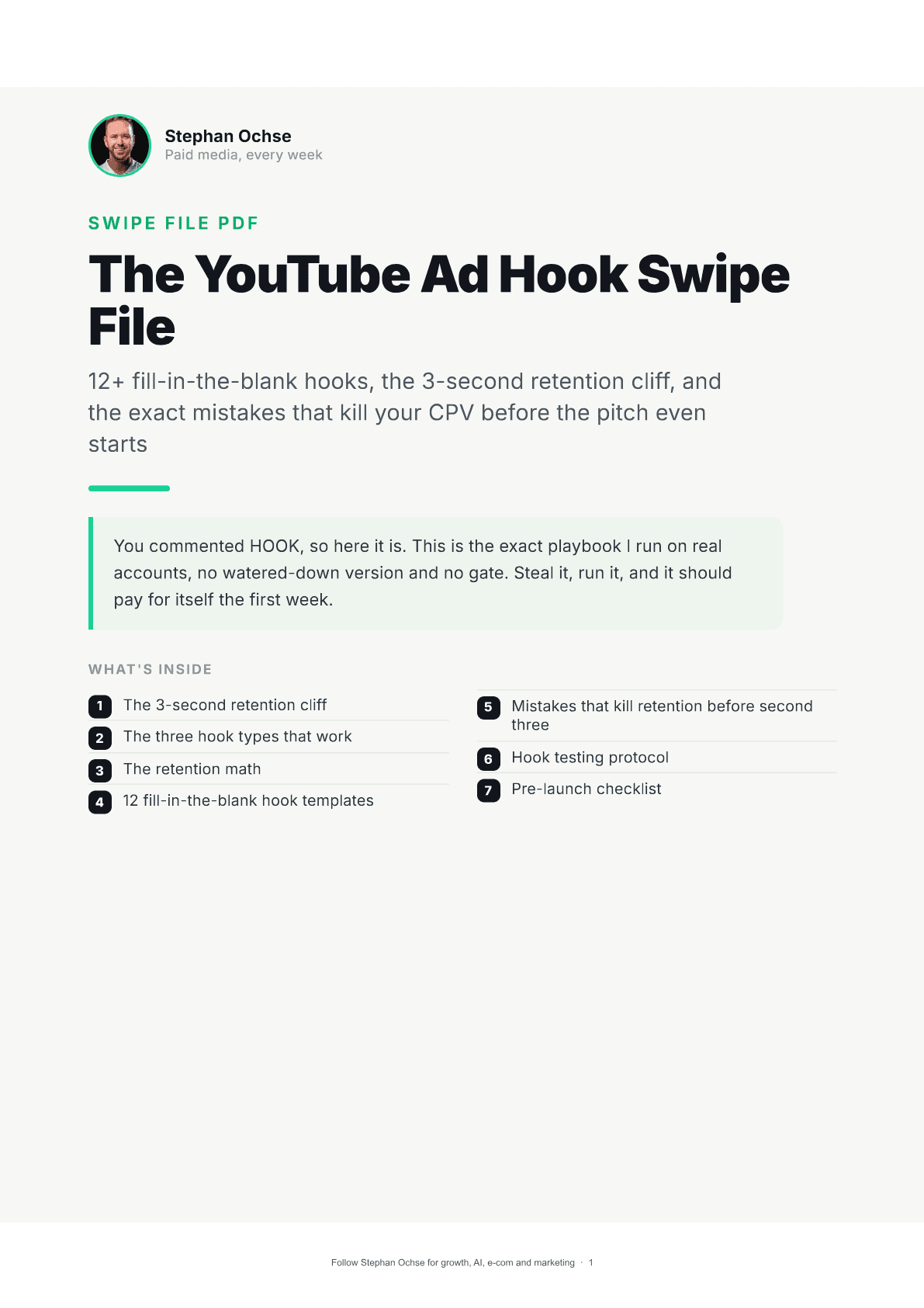 First page of The YouTube Ad Hook Swipe File