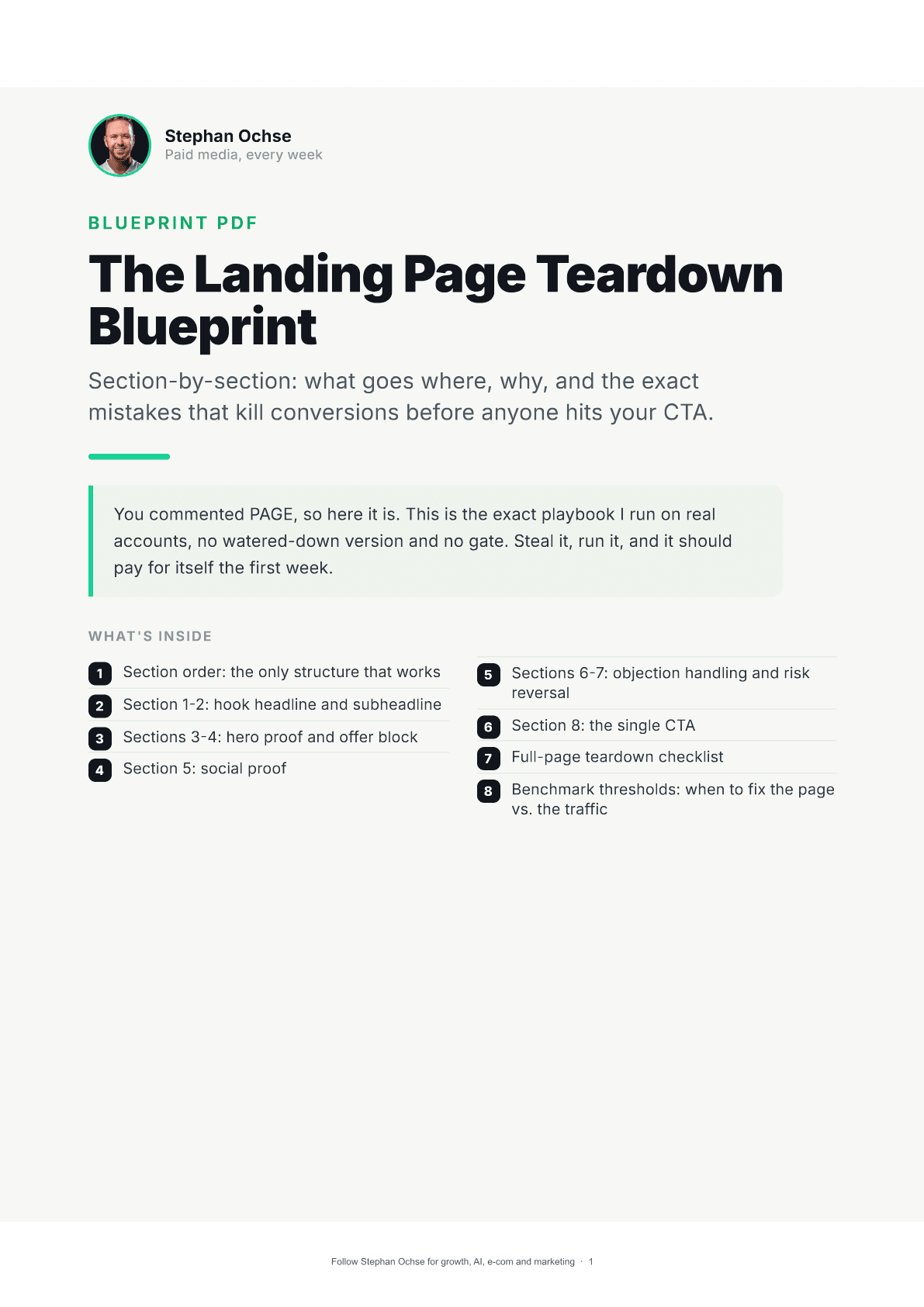 First page of The Landing Page Teardown Blueprint
